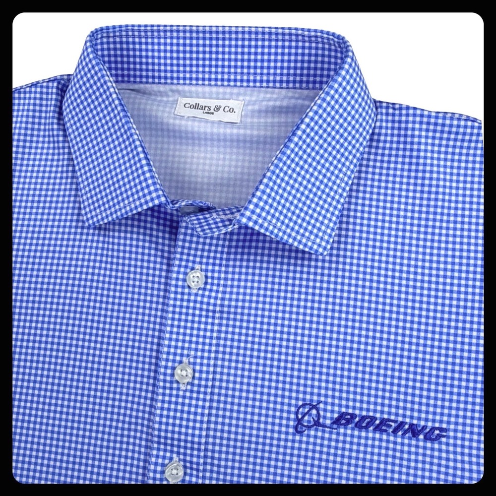 Collars & Co Boeing Dress Collar Polo Men Large Blue Gingham Polyester Logo
